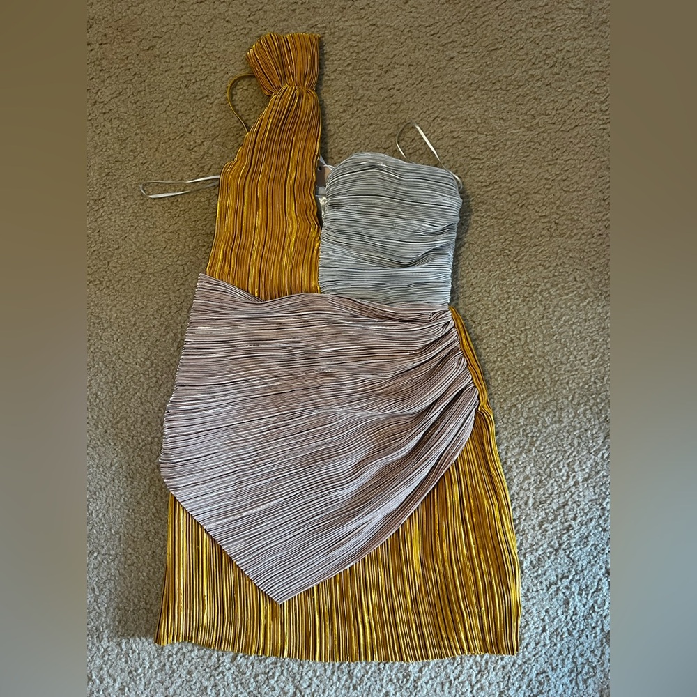 Alice McCall Asymmetrical Dress in Gold, Silver, and Tan